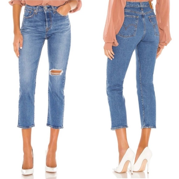 Levi’s Premium Wedgie Straight Jeans Jive Tone Blue Ripped Knee Cropped Ankle 24 - Picture 2 of 16